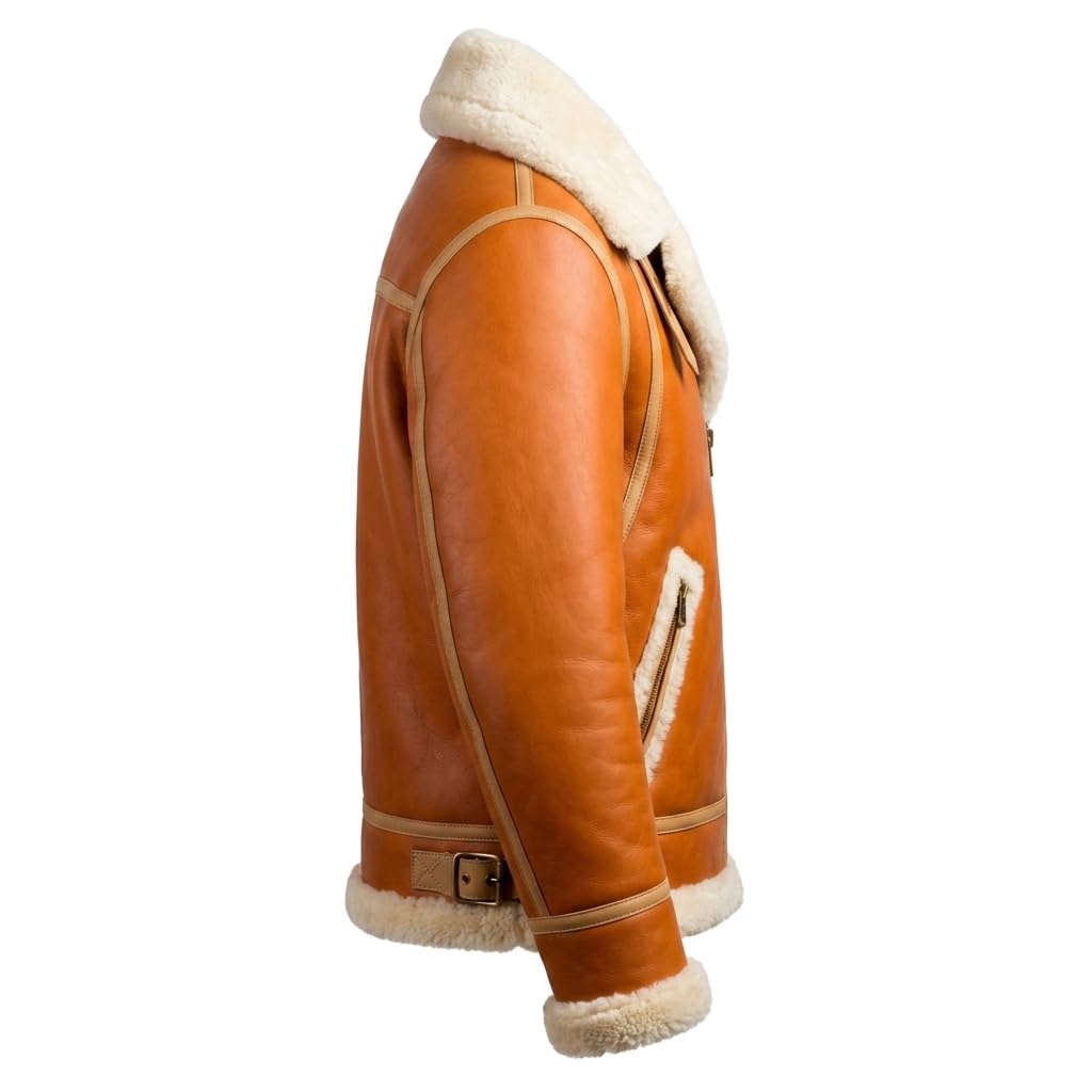 Men’s Ginger Orange Sheepskin Aviator Bomber Jacket – Sherpa Shearling Faux Fur Lined Winter Pilot Leather Outerwear (US, Alpha, Large, Regular, Regular, Ginger Orange)