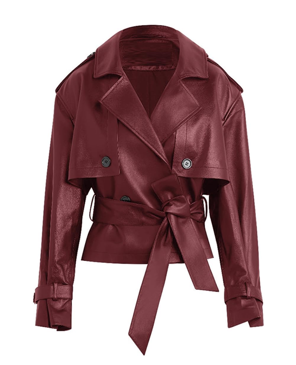 chouyatou Women's Fall Belted Faux Leather Jacket Modo Business Casual Faux Leather Short Trench Coat (Medium, Red)