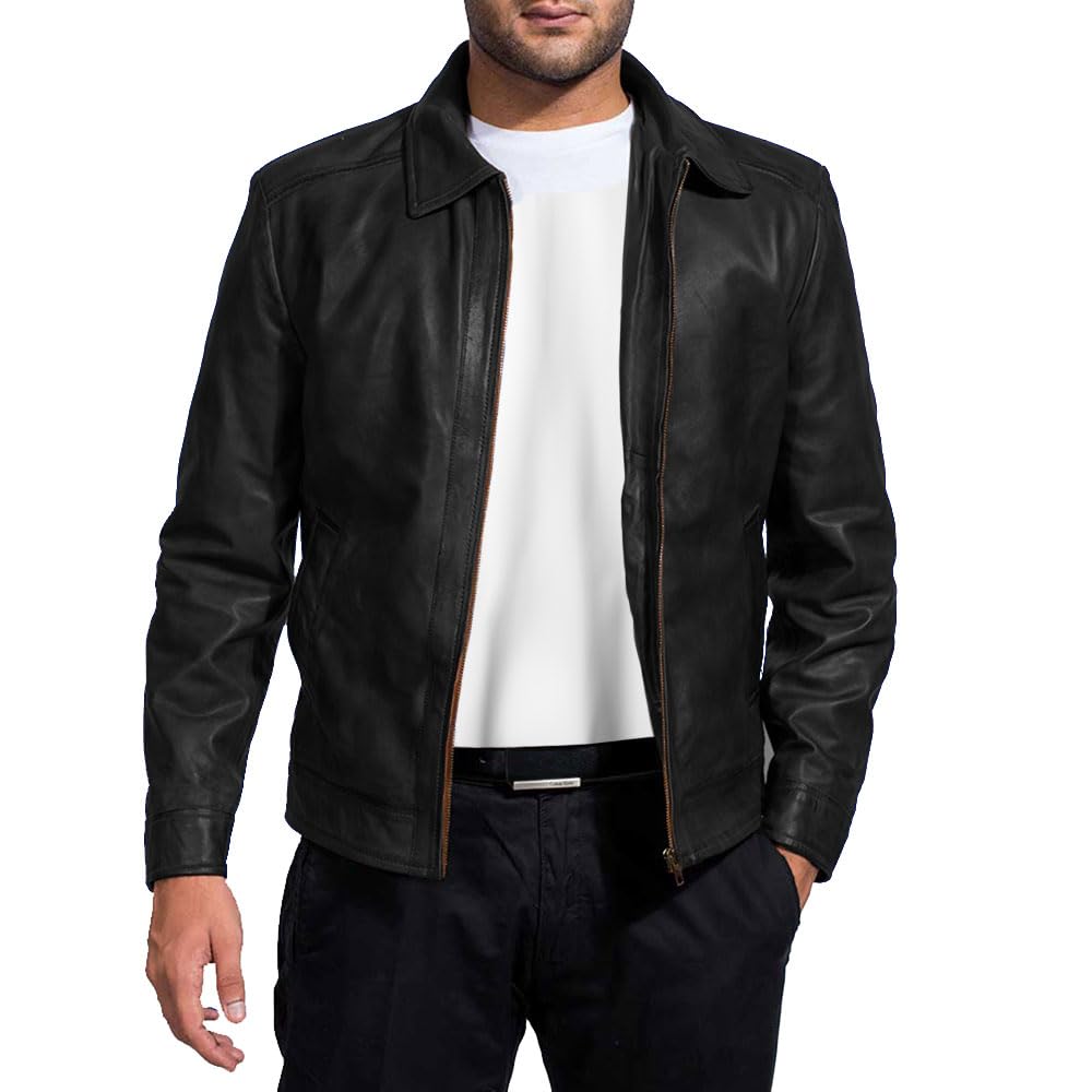 Mens Leather Jacket - Real Lambskin Classic Vintage Style Leather Jackets For Men Brown Leather Jacket for Mens (US, Alpha, Large, Regular, Regular, Black)