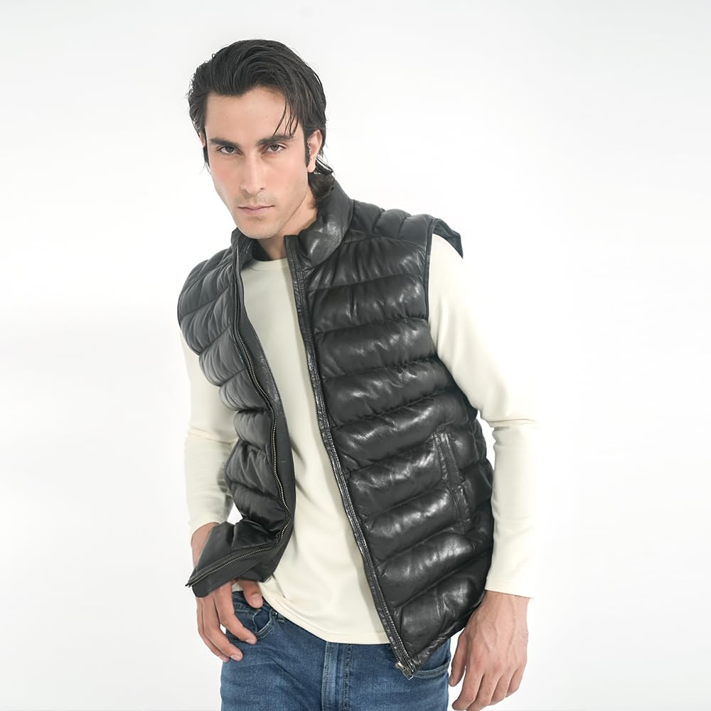 STREGA Men's Lambskin Leather Quilted Puffer Vest – Real Leather Sleeveless Jacket Men | Genuine Leather Down Waistcoat in Black – Medium