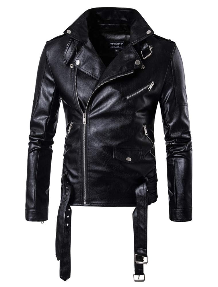 PASOK Men's PU Leather Jacket Causal Belted Faux Leather Motorcycle Jacket Zipper Biker Coat Black L