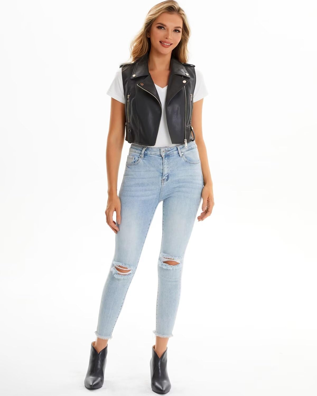 WYOYW Faux Leather Vest For Women Zipper Cropped Short Sleeveless Biker Moto Slim PU Motorcycle Waistcoat 068 Black M