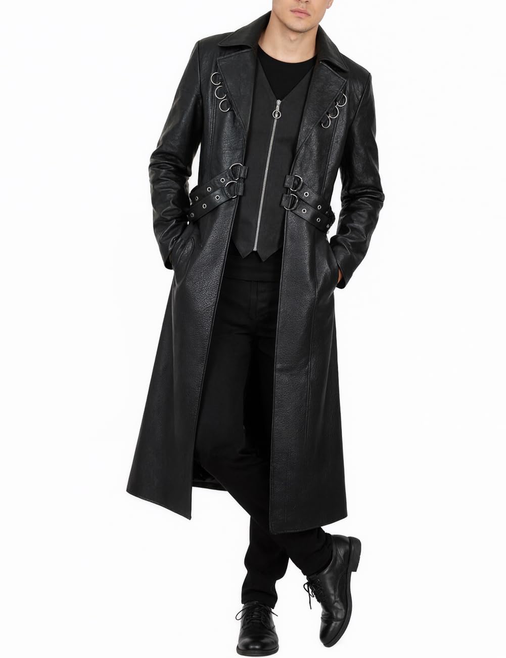 ZNZHKR Men's 70s PU Leather Trench Coat Long German Style Punk Motorcycle Jacket Black Fuxs Leather Zipper Coat (S, Black)