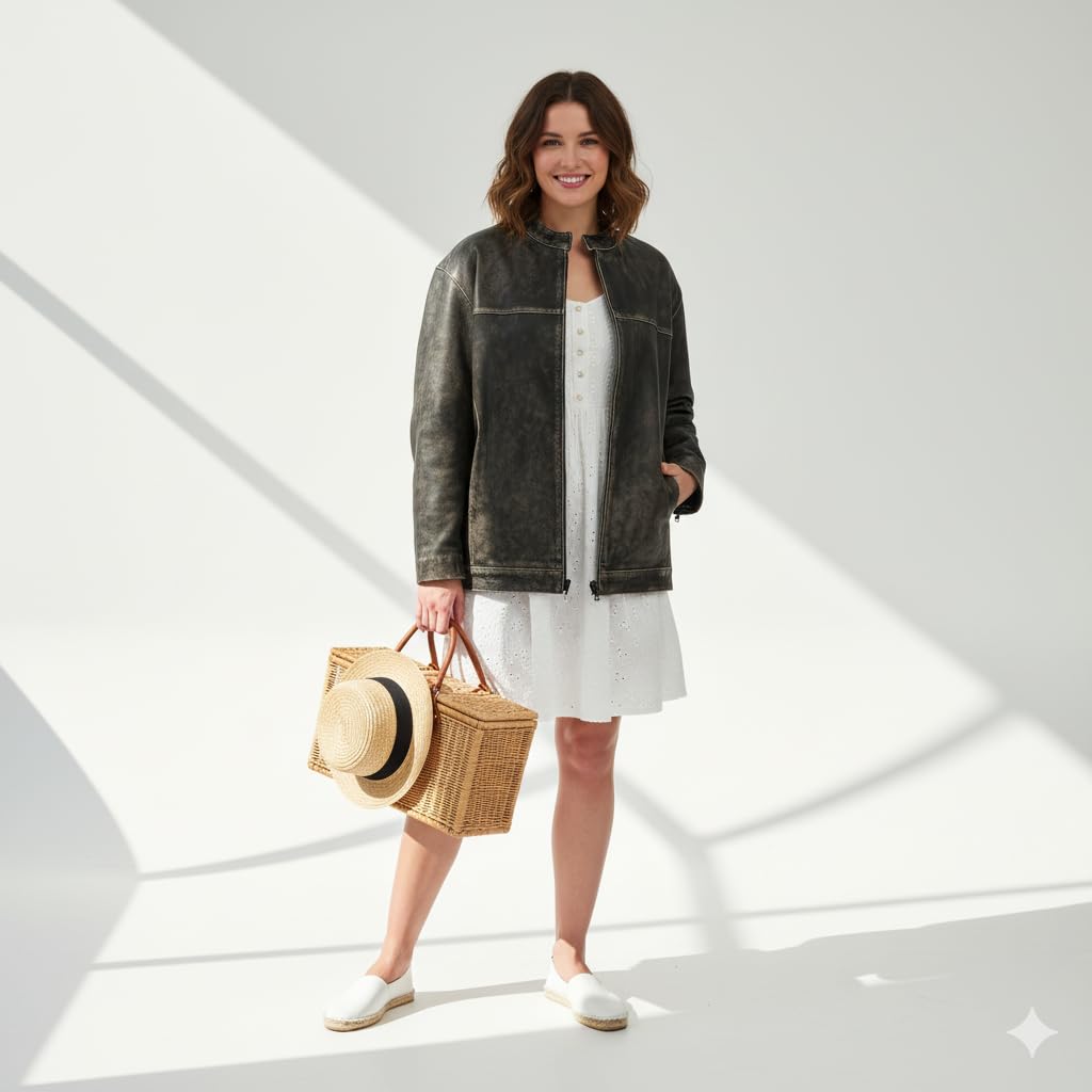 Women’s Oversized Vintage Leather Bomber Jacket – Genuine Lambskin, Distressed, Drop-Shoulder, Zip-Front (Medium)