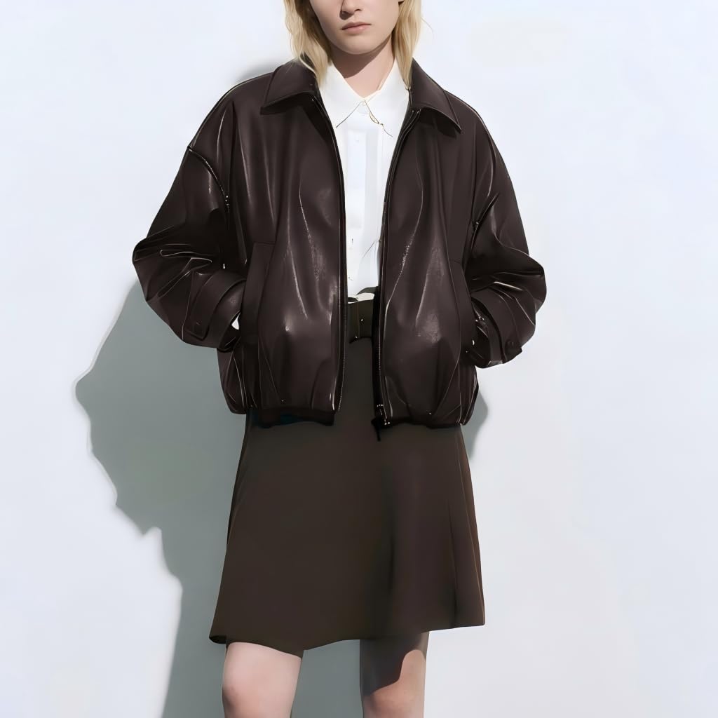 VKXJA Oversized Faux Leather Bomber Jacket for Women – Zip-Up Aviator Flight Coat, Relaxed Fit Streetwear Outerwear (US, Alpha, Medium, Regular, Regular, Brown)