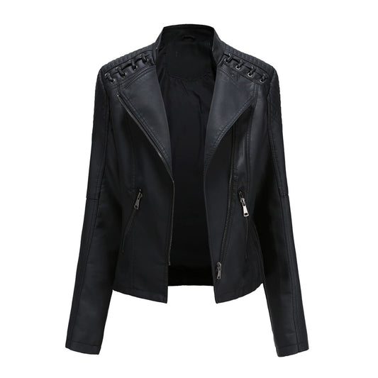 MODFUL Women's Faux Leather Moto Jacket Casual Short Solid Color PU Biker Coat with Pockets(Black,Large)