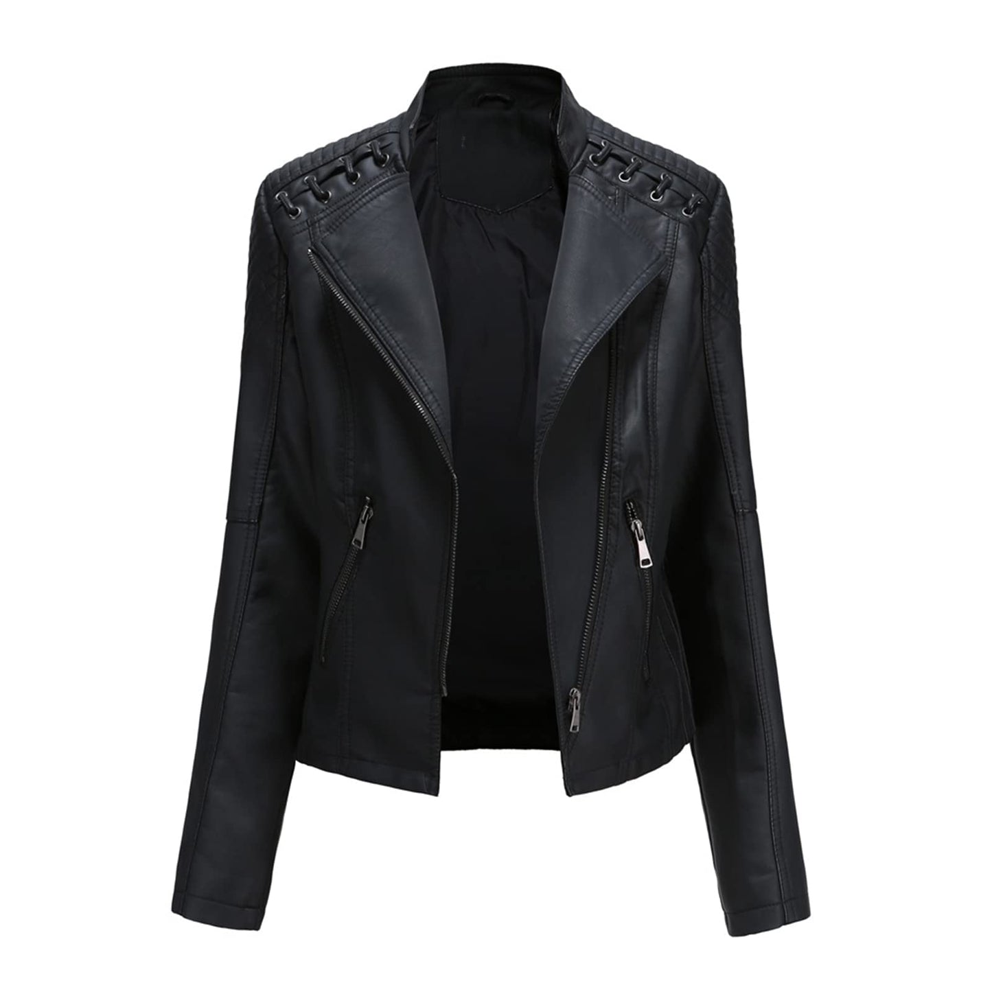 MODFUL Women's Faux Leather Moto Jacket Casual Short Solid Color PU Biker Coat with Pockets(Black,Medium)
