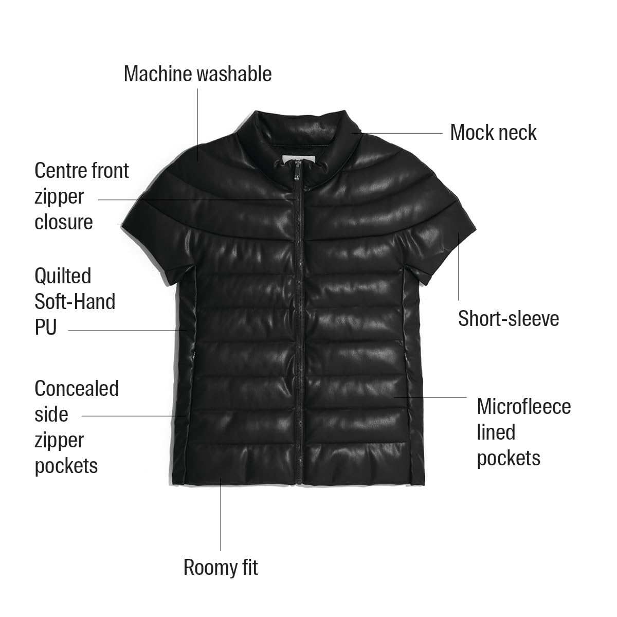 Martha Stewart Women's PU Quilted Puffer Vest, Lightweight Down Outerwear, Sleeveless Faux Leather Zip Up, Black, L