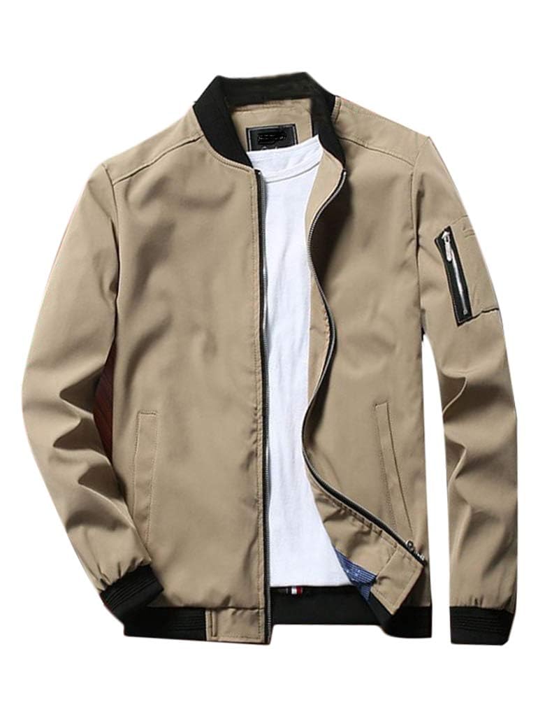 Lavnis Men's Flight Bomber Jacket Lightweight Softshell Coat Sportwear Zipper Windbreaker Khaki L