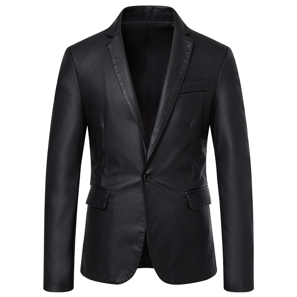 Womleys Men's Casual Notched Collar One Button Faux Leather Blazer Suit Jacket Sport Coats (Large, Black)