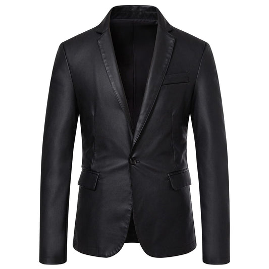 Womleys Men's Casual Notched Collar One Button Faux Leather Blazer Suit Jacket Sport Coats (Large, Black)