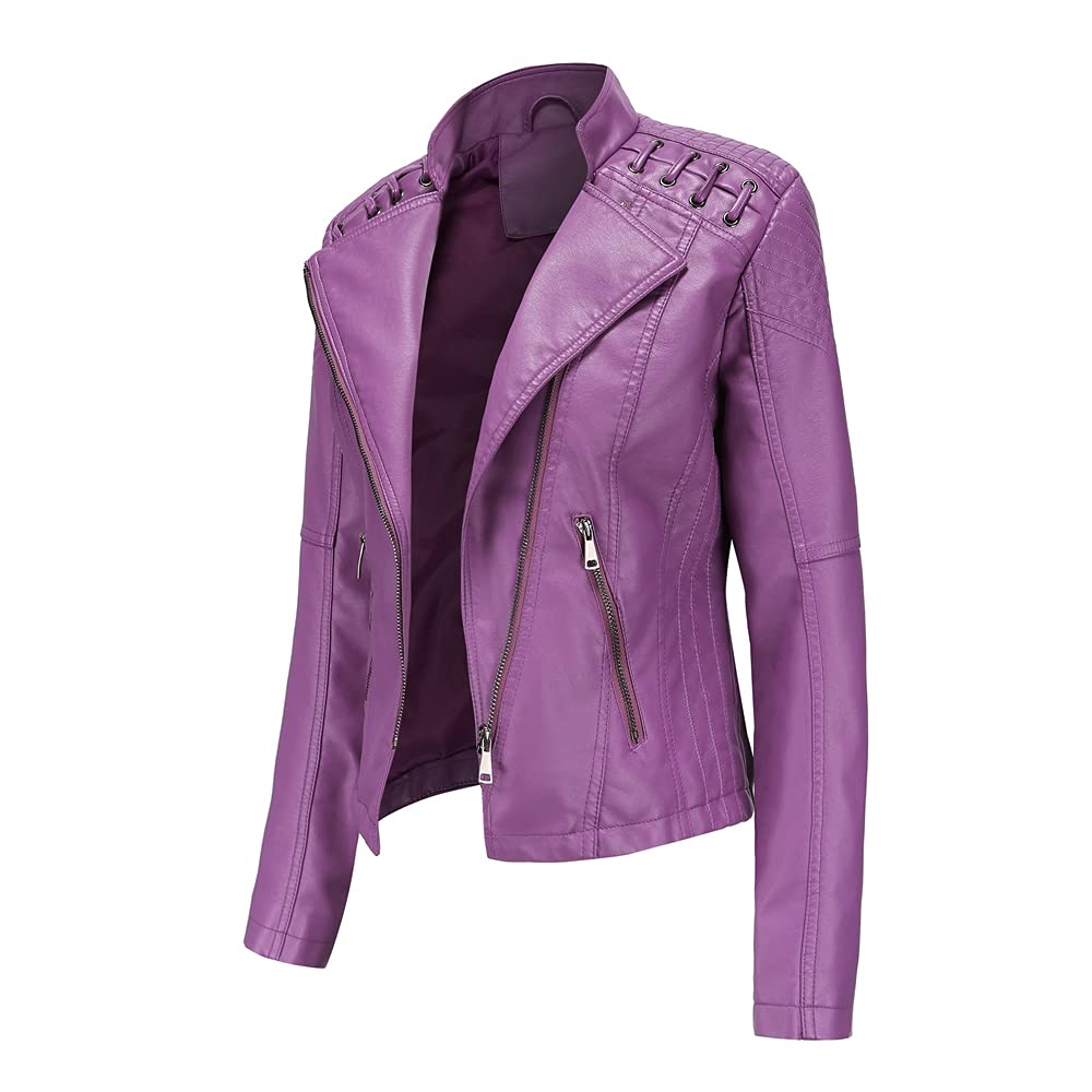DEAR MODEL Womens Leather Jacket Long Sleeve Fitted Faux Leather Coats,Classic Locomotive Style Leather Jacket,Purple,L