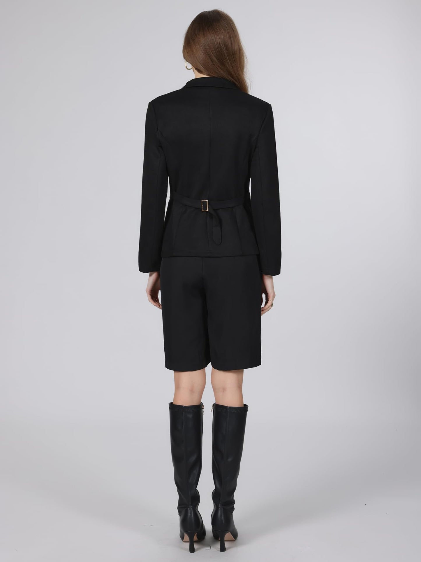 Hobemty Women Casual Faux Suede Lapel Collar Long Sleeve Blazer Black