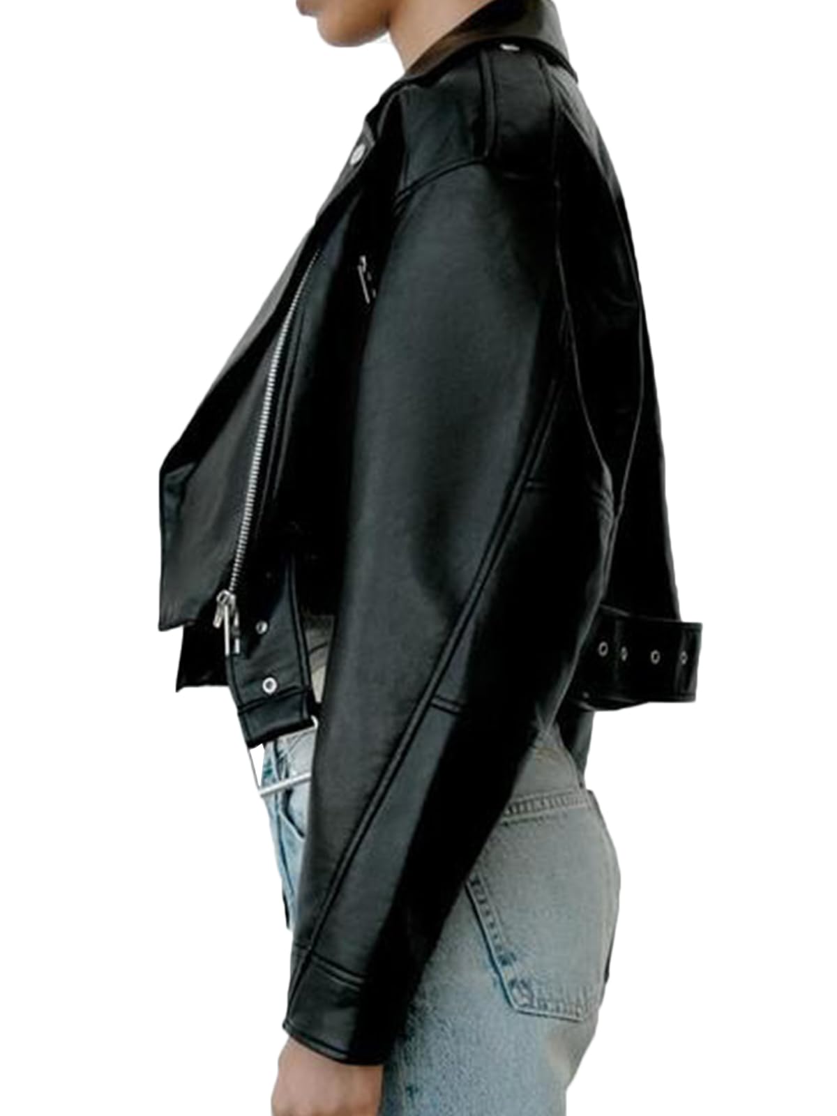 LY VAREY LIN Women Faux Leather Cropped Jacket Lapel Zipper Biker Short Coat with Belt