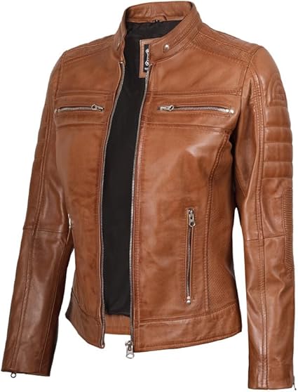Blingsoul Disc Cafe Racer Leather Jacket For Women | [1313714] Cafe Racer Tan, L