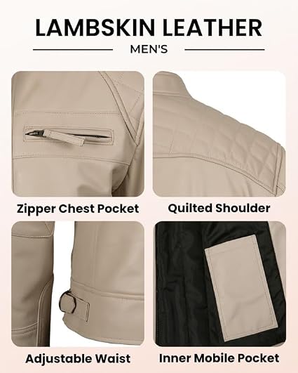 Blingsoul Stylish Men's Leather Motorcycle Jacket | [1124213] D-1 Beige, M