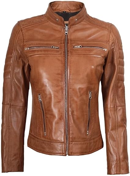 Blingsoul Disc Cafe Racer Leather Jacket For Women | [1313714] Cafe Racer Tan, L