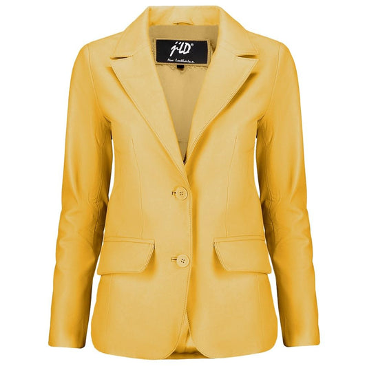 Jild Classic 2-Button Lambskin Leather Blazer Women - Casual Coat Long Sleeves Suit Style Leather Jacket Women (LC-YLW-L)