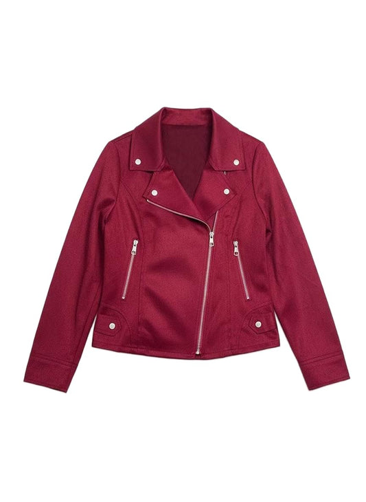 SS-Sunrise Fashion Women's Faux Suede Jacket Long Sleeve Asymmetric Zip Casual Cropped Coat Biker Moto Jacket Outwear with Fake Pockets (X-Large, Red)