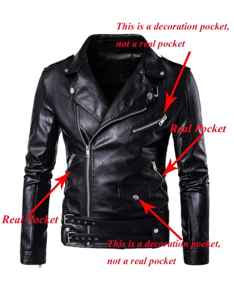 Lavnis Men's PU Leather Jacket Causal Belted Faux Leather Motorcycle Jacket Zipper Biker Coat Black M