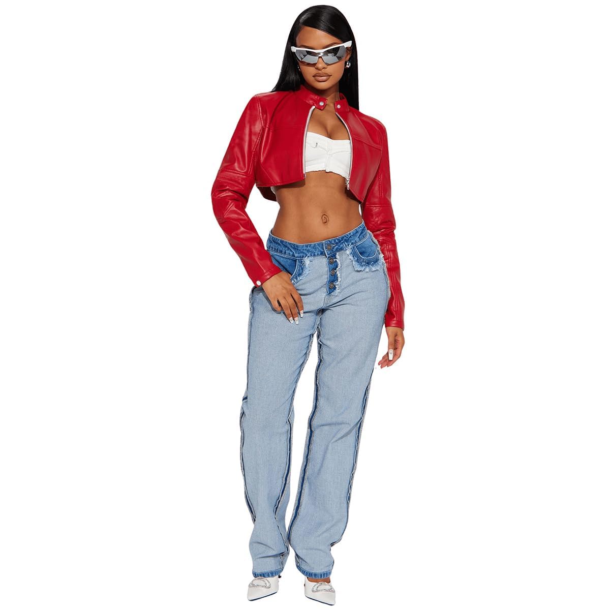 Charyeah Women's Fashion Faux Leather Jacket Crop Short Cropped PU Slim Zip Up Moto Biker Coat Motorcycle Jackets Coat (US, Alpha, Medium, Regular, Regular, Red)