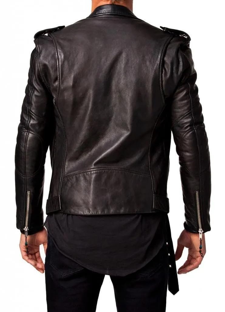 DECIMAL Men's Black REAL Lambskin Leather Biker Jacket VINTAGE GENUINE MOTORCYCLE JACKETS FOR MEN (US, Alpha, Medium, Regular, Regular, D BLACK)