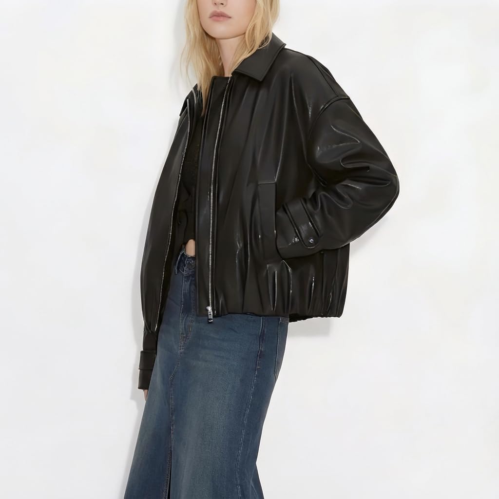 VKXJA Oversized Faux Leather Bomber Jacket for Women – Zip-Up Aviator Flight Coat, Relaxed Fit Streetwear Outerwear (US, Alpha, Medium, Regular, Regular, Black)