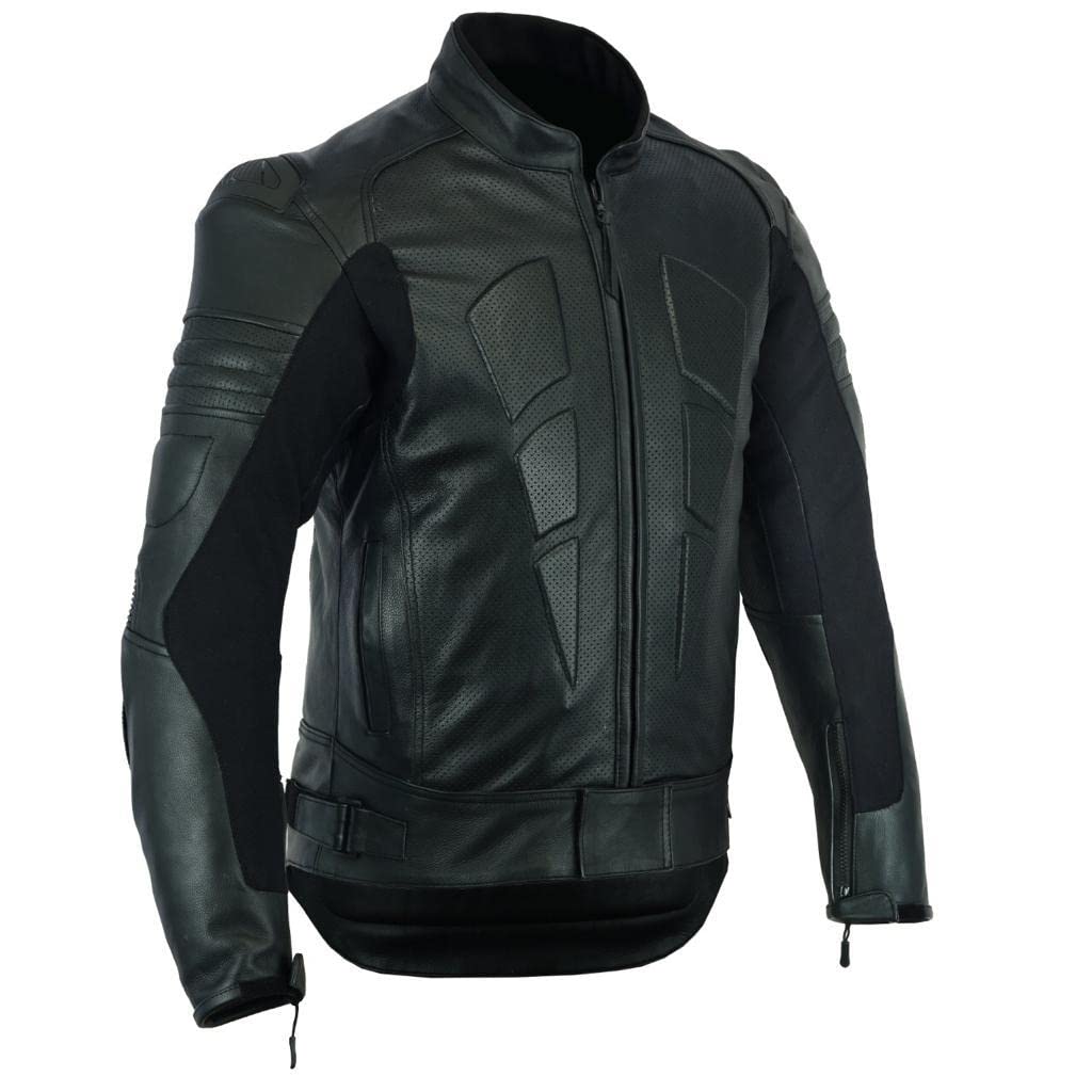 INTAN Safety with Style Mens Motorcycle Perforated leather (Natural Grain) armoured Stylish Black Leather Jacket 003BP (Medium)