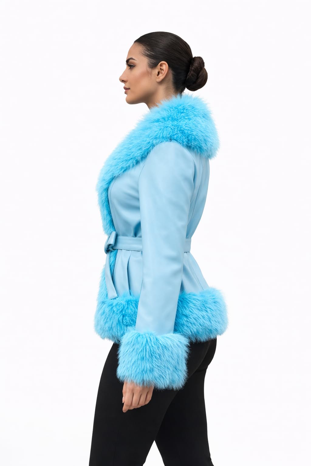 DLNYC Waist Length Warm Winter Vegan Leather Jacket with Faux Fur Trim (US, Alpha, Large, Regular, Regular, Blue)