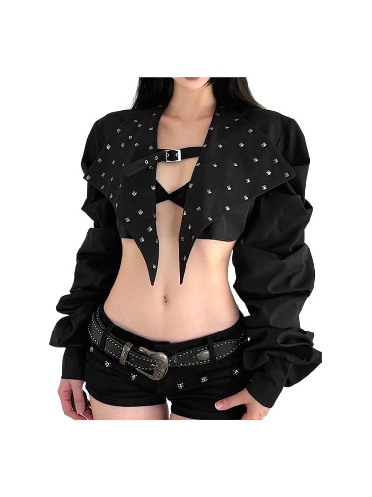 Xojbzoo Women's Y2K Belted Black Motorcycle Jacket Pleated Long Sleeve Super Short Coat Trendy Summer Fashion (US, Alpha, Small, Plus, Short, Black1)