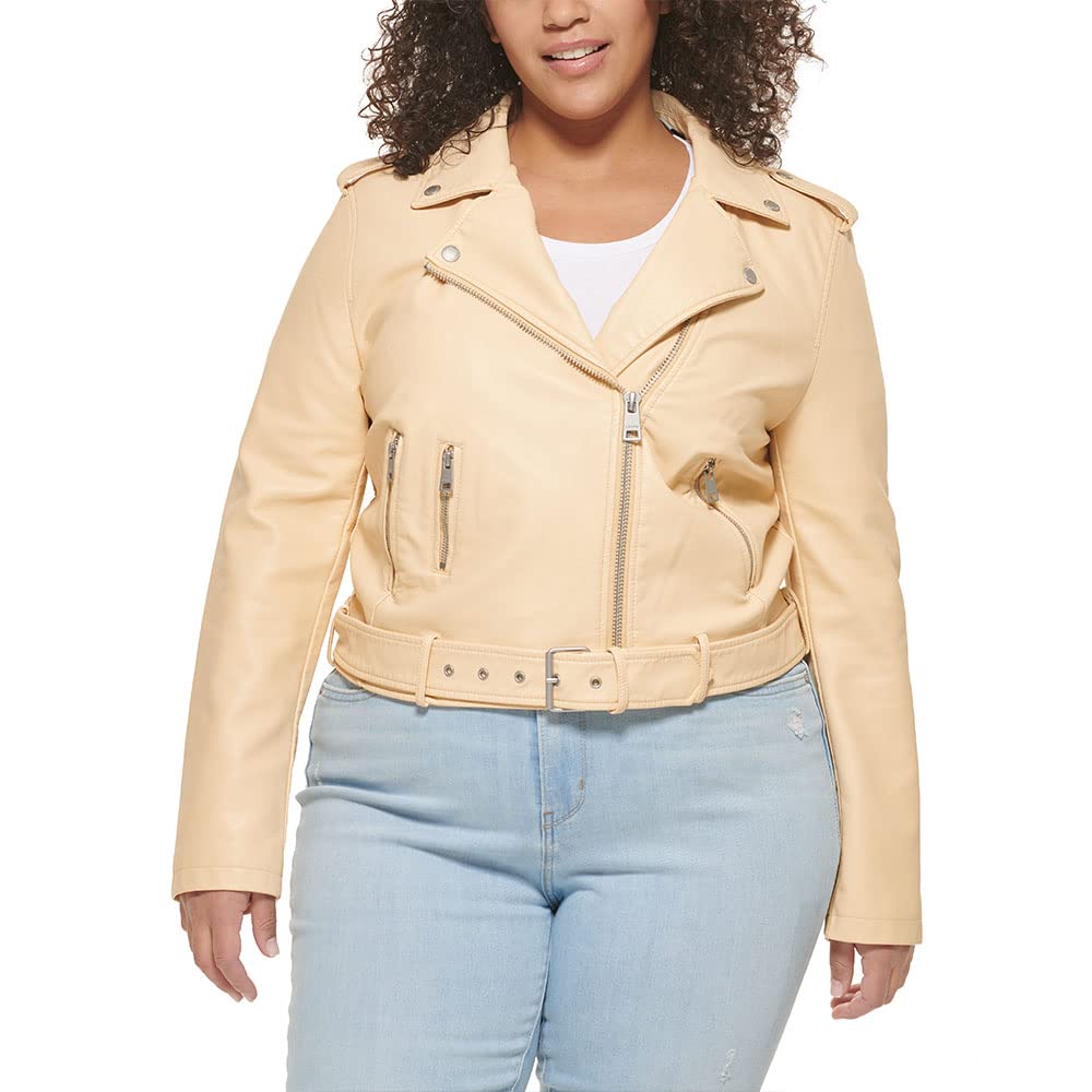 Levi's Women's Faux Leather Belted Motorcycle Jacket (Standard and Plus Sizes), Wheat, Medium