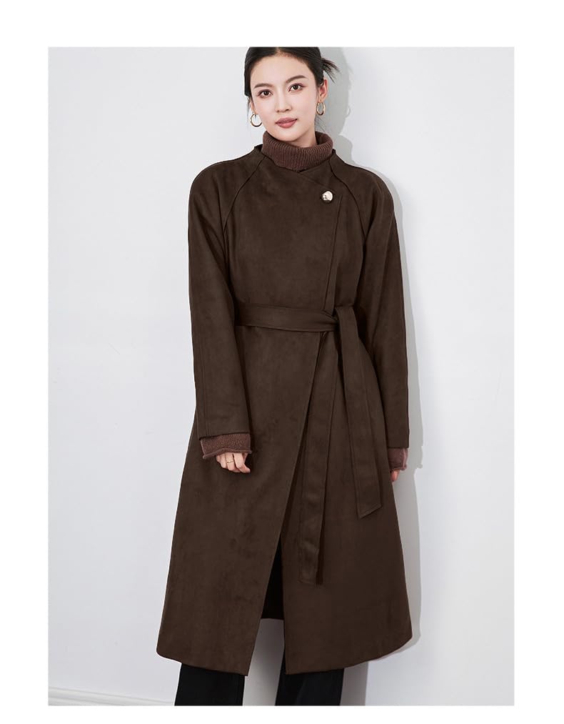 utcoco Womens Faux Suede Long Trench Coat Open Front Leather Trench Overcoat with Belt (Medium, Dark Brown)