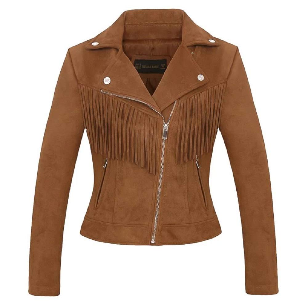 CHARTOU Women's Fall 2023 Fashion Faux Suede Leather Casual Moto Biker Jacket Coats (Small, tassel-coffee)