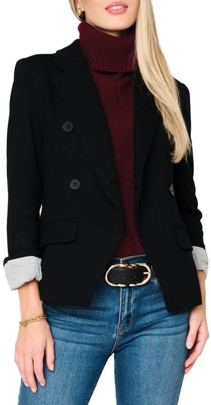 GIBSONLOOK Knit Moto Jacket, Lightweight Stretch Cotton Blend Biker Jacket, Business Casual Outfits for Women, Black- L