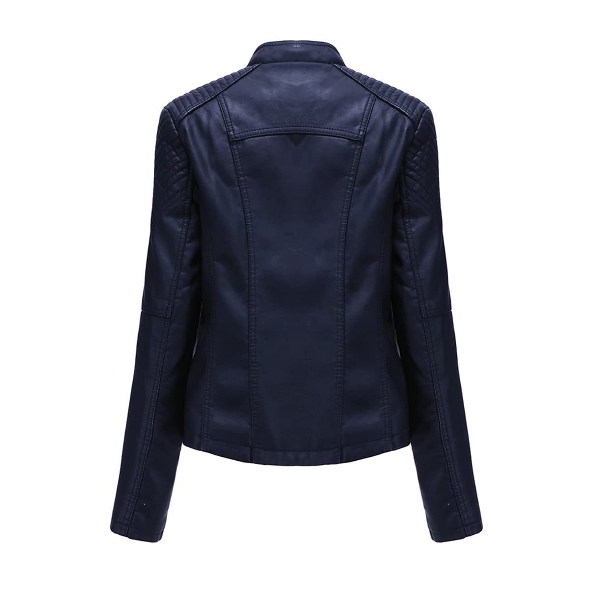 MODFUL Women's Faux Leather Moto Jacket Casual Short Solid Color PU Biker Coat with Pockets(Navy,Large)