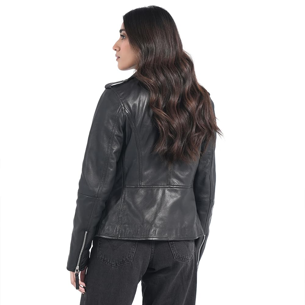 STREGA Women's Lambskin Leather Motorcycle Jacket - Real Leather Biker Jacket Women with Leather Pullers for Timeless Everyday Style | Black – Large