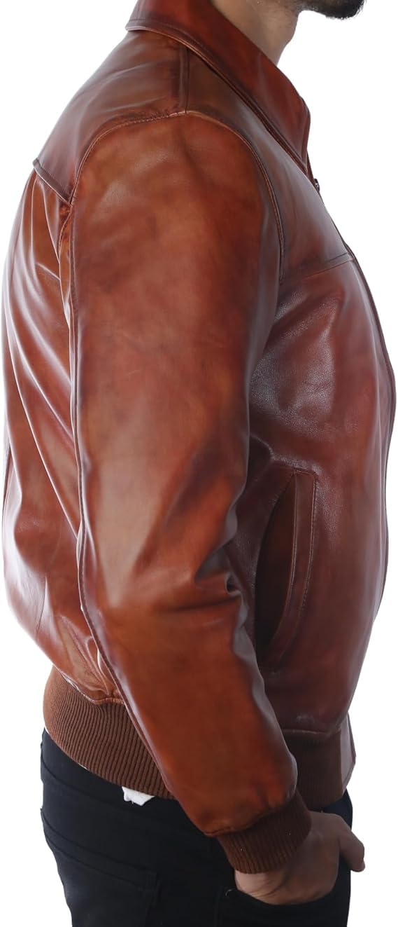 SAFYD Mens Leather Bomber Jacket in 100% Real Lambskin Leather - Premium Vintage Brown Leathers Jacket for Men With Shirt Collar (US, Alpha, X-Large, Regular, Regular)