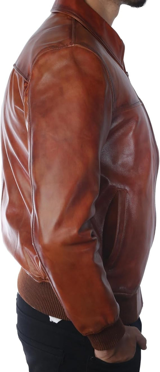 SAFYD Mens Leather Bomber Jacket in 100% Real Lambskin Leather - Premium Vintage Brown Leathers Jacket for Men With Shirt Collar (US, Alpha, X-Large, Regular, Regular)