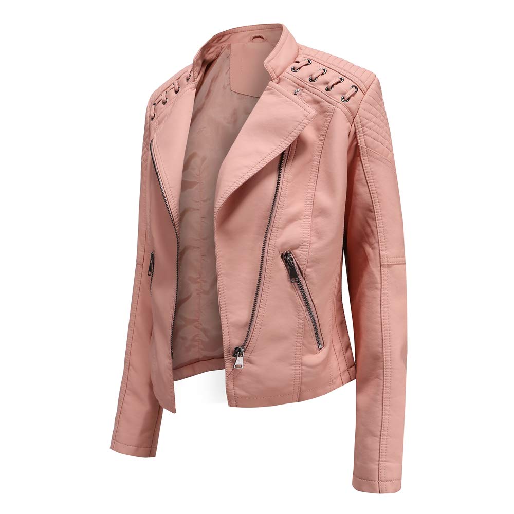 DEAR MODEL Womens Leather Jacket Long Sleeve Fitted Faux Leather Coats,Classic Locomotive Style Leather Jacket,Pink,M