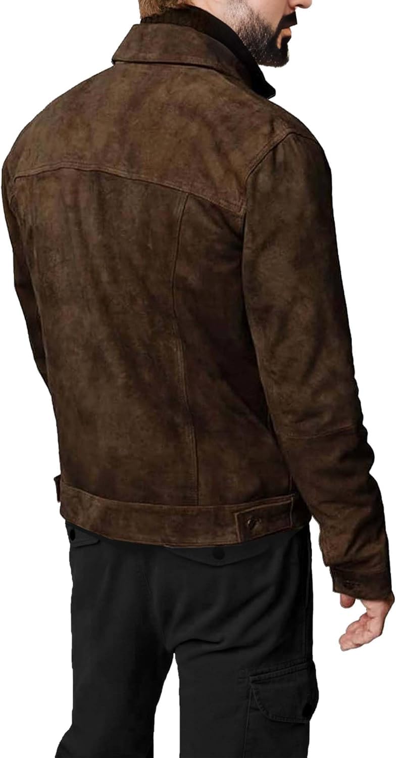 Men's Suede Leather Jacket Real Lambskin Suede Casual Leather Jackets For Men Suede Trucker Coat for Mens (US, Alpha, Large, Regular, Regular, Dark Brown)
