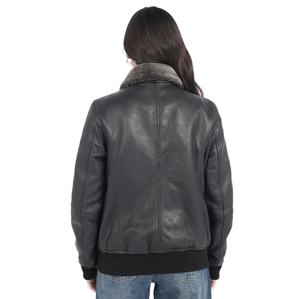 STREGA Women's Lambskin Leather Bomber Jacket – Detachable Snow Top Faux Fur Collar, Polyester-Insulated Lining | Genuine Leather Aviator Jacket Women with Warm Winter Comfort | Black – Medium