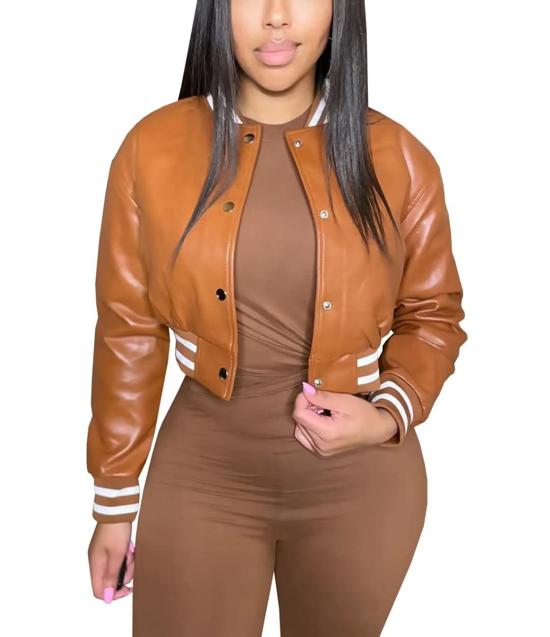 Mintsnow Womens Faux Leather Long Sleeve Crop Bomber Jacket Casual Button Down Cropped Baseball Coat Coffee S