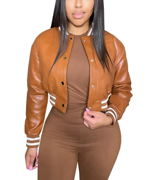 Mintsnow Womens Faux Leather Long Sleeve Crop Bomber Jacket Casual Button Down Cropped Baseball Coat Coffee S