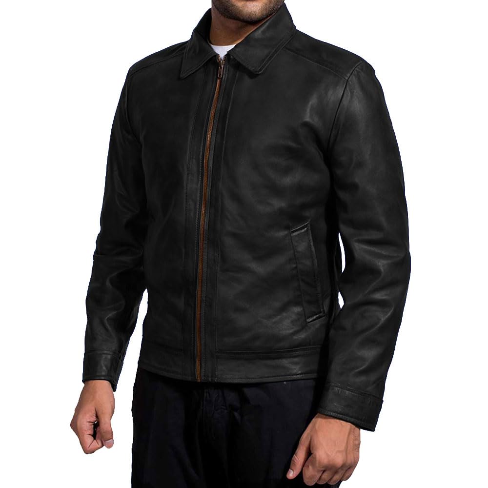 Mens Leather Jacket - Real Lambskin Classic Vintage Style Leather Jackets For Men Brown Leather Jacket for Mens (US, Alpha, Large, Regular, Regular, Black)