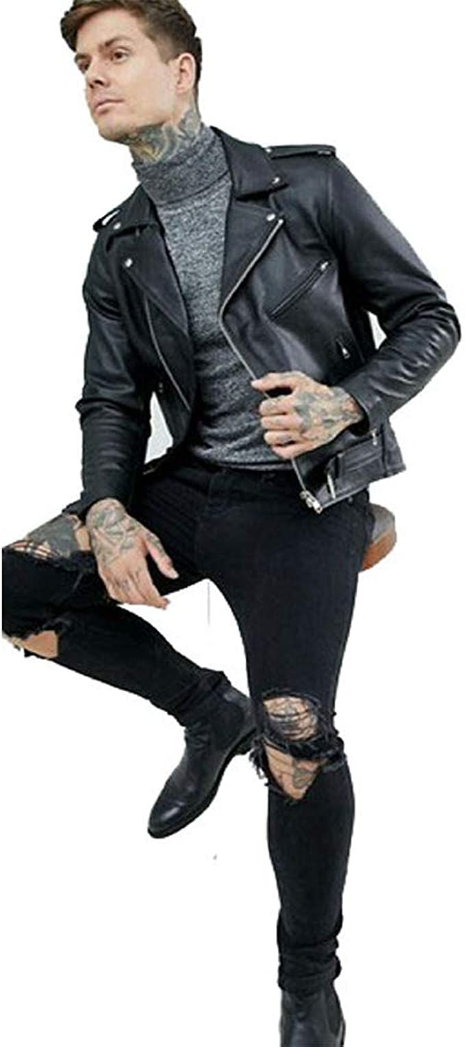 Lishow Fashion Men's Biker Rider Motorcycle Motorbike Rocker Retro Genuine Cowhide Leather jacket By Reclaimed Vintage (US, Alpha, Small, Regular, Regular, Black)