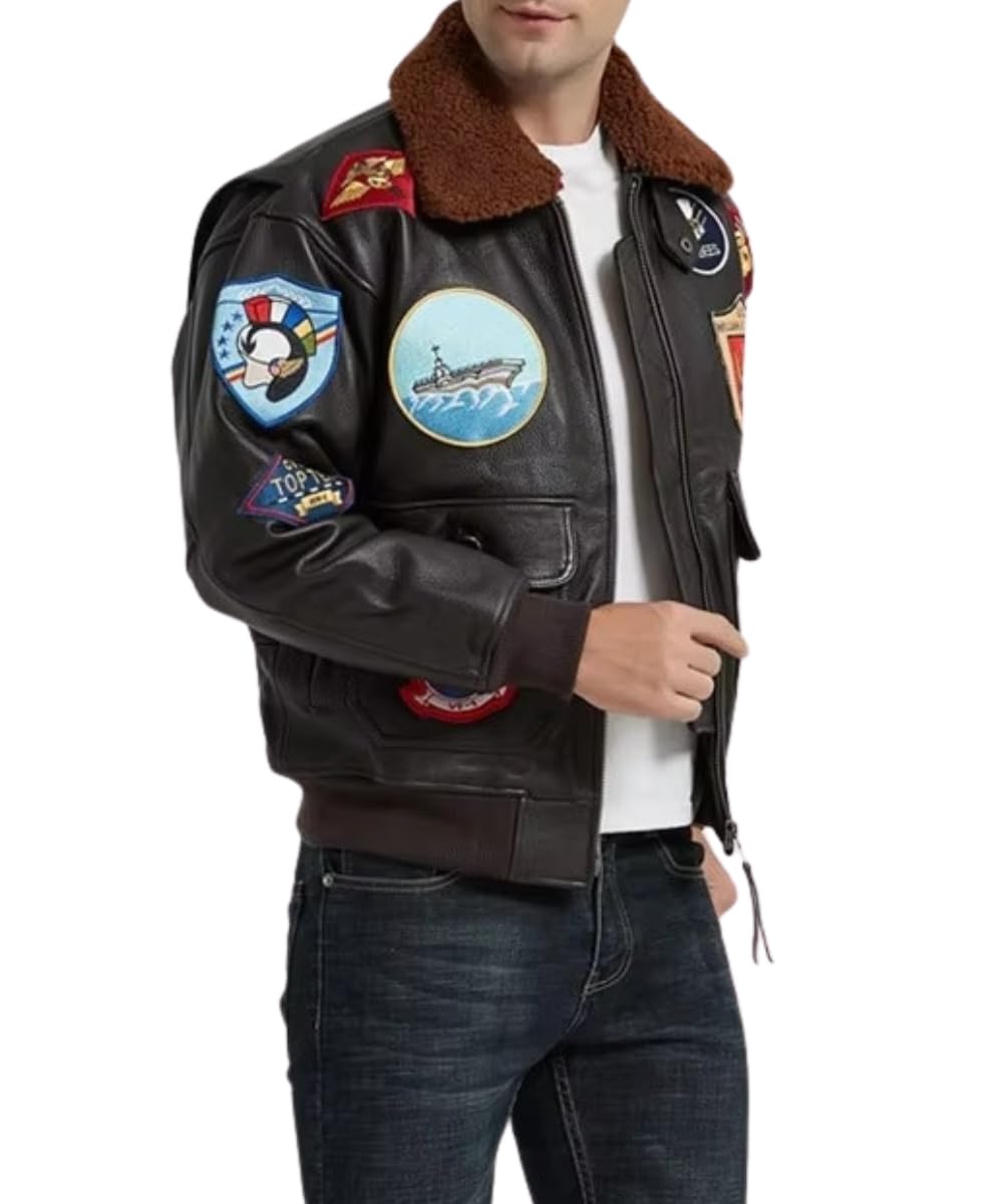 Mens Top Aviator USAAF Pilot Flying Tom Multiple Patches G1 Bomber Jacket Fur Collar Brown Bomber Leather Jacket (as1, alpha, s, regular, regular, Real Leather)