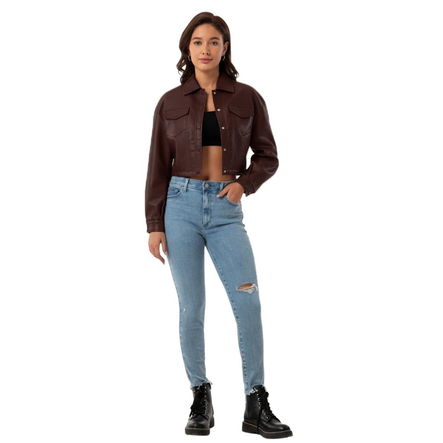 CHIGUO Women Faux Leather Cropped Jacket Trendy Moto Biker Short Jacket Fashion PU Coat Party Jacket