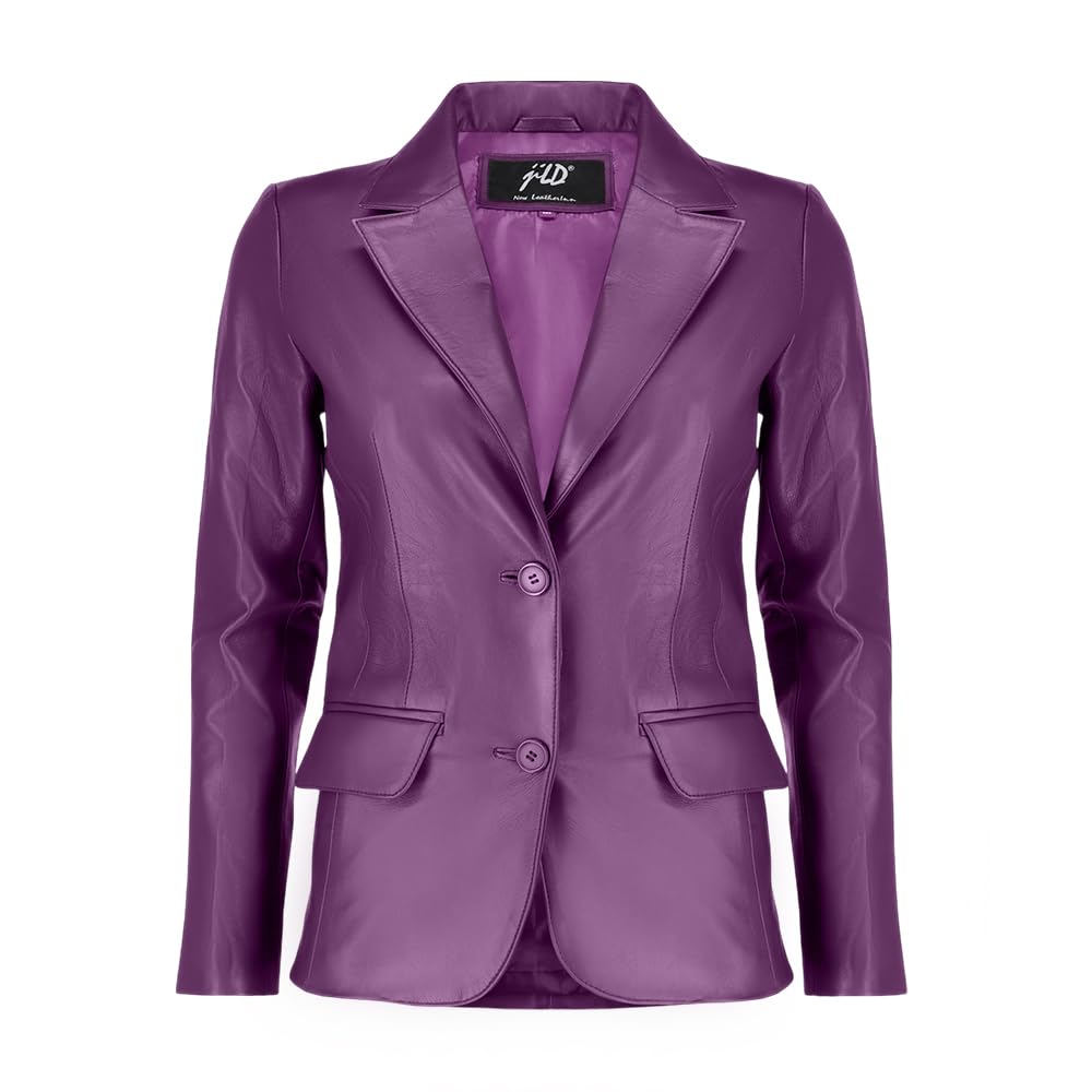 Jild Classic 2-Button Lambskin Leather Blazer Women - Casual Coat Long Sleeves Suit Style Leather Jacket Women (LC-Purple-L)