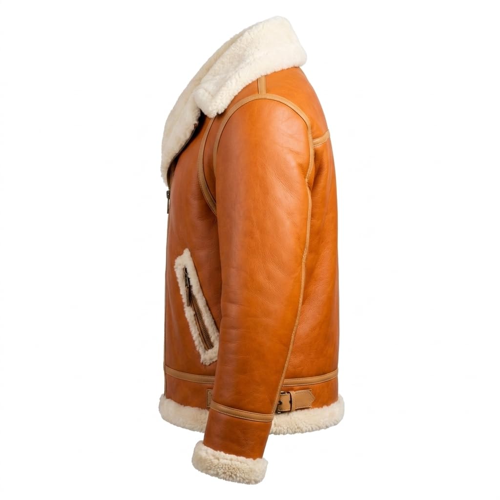 Men’s Ginger Orange Sheepskin Aviator Bomber Jacket – Sherpa Shearling Faux Fur Lined Winter Pilot Leather Outerwear (US, Alpha, Large, Regular, Regular, Ginger Orange)