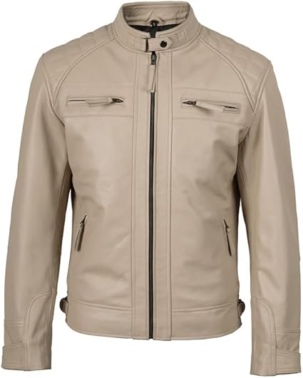 Blingsoul Stylish Men's Leather Motorcycle Jacket | [1124213] D-1 Beige, M